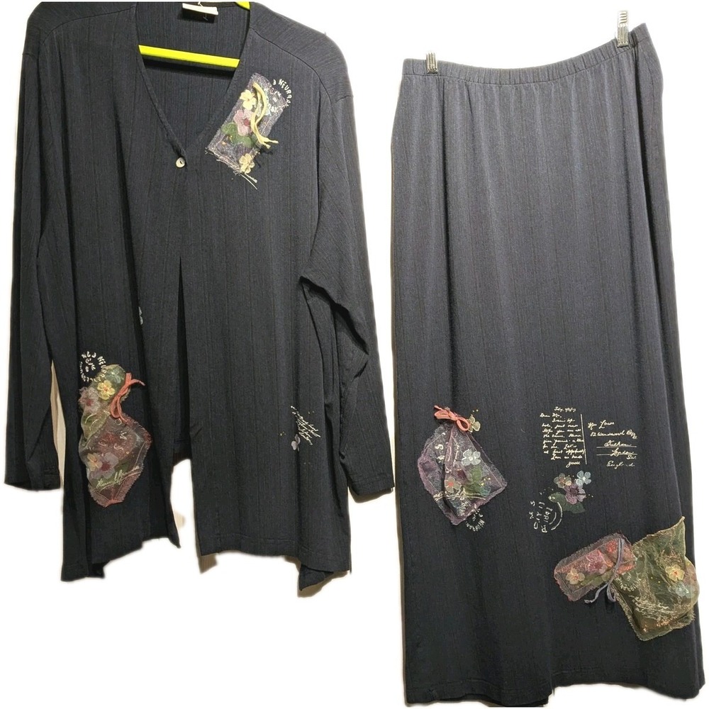 Bread Staley Gretzinger Cardigan Maxi Skirt Set Women XL? Artsy Floral Navy Blue
